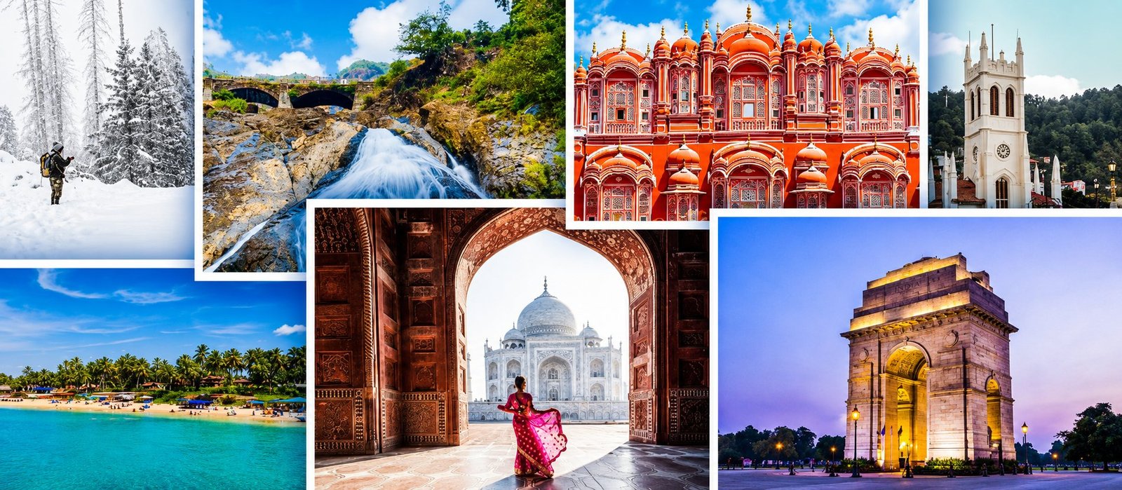 Collage of Indian destinations - snow-capped forests, waterfalls, Hawa Mahal Jaipur, Shimla church, Taj Mahal Agra, India Gate Delhi and a tropical beach - domestic holiday packages by Safe Trip Holidays